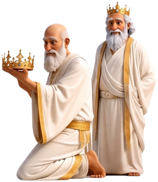 A kneeling elder offering his own crown, his crowned companion standing beside him