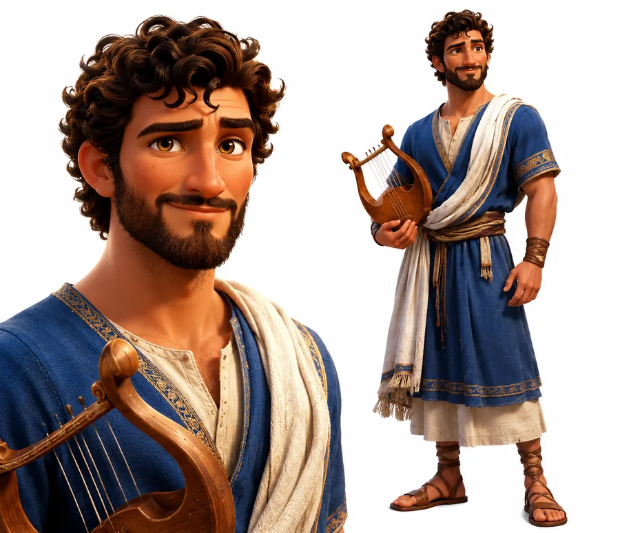 Character model sheet of David as king — the same face, grown