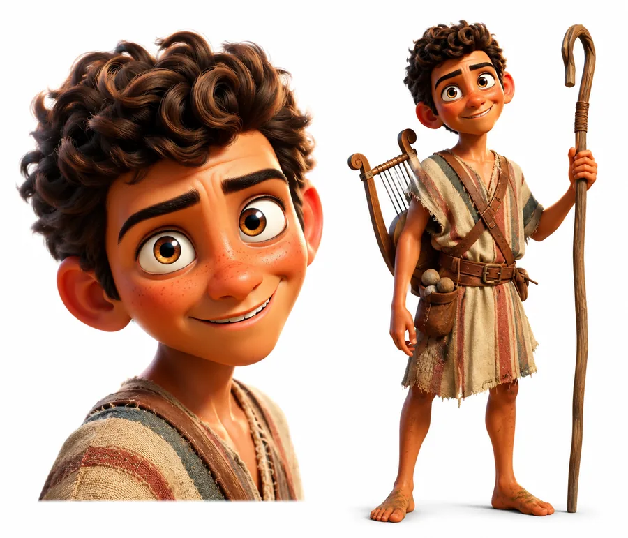 Character model sheet of David as a shepherd boy — close-up and full figure