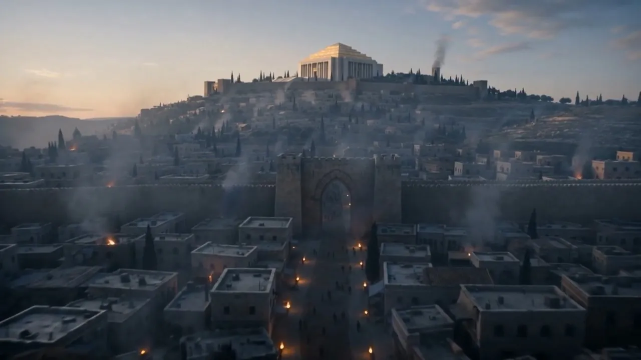 Fires burn along the city walls beneath the temple hill