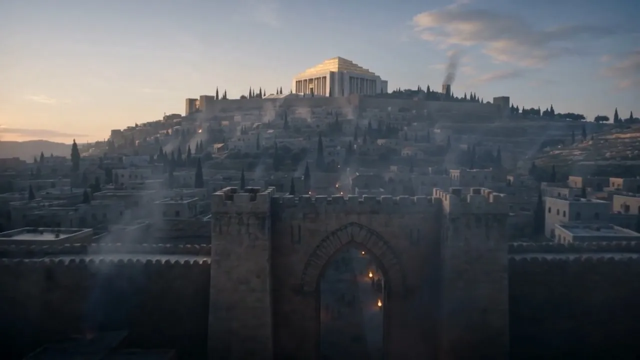 Smoke drifts past the great gate of Jerusalem