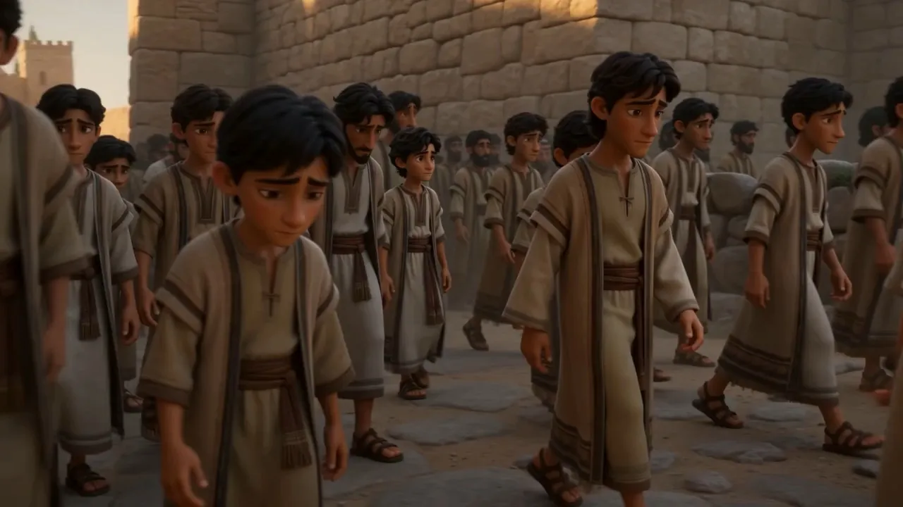 Boys walk in the long line of exiles leaving the city