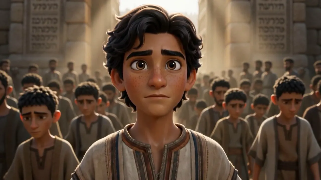 Daniel, a freckled boy, walks in the crowd of captives
