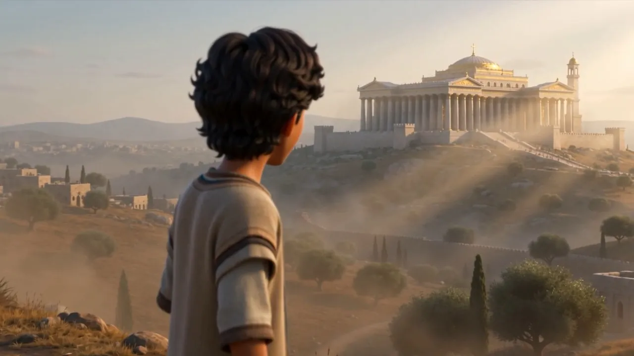 Daniel looks back over his shoulder at the shining temple