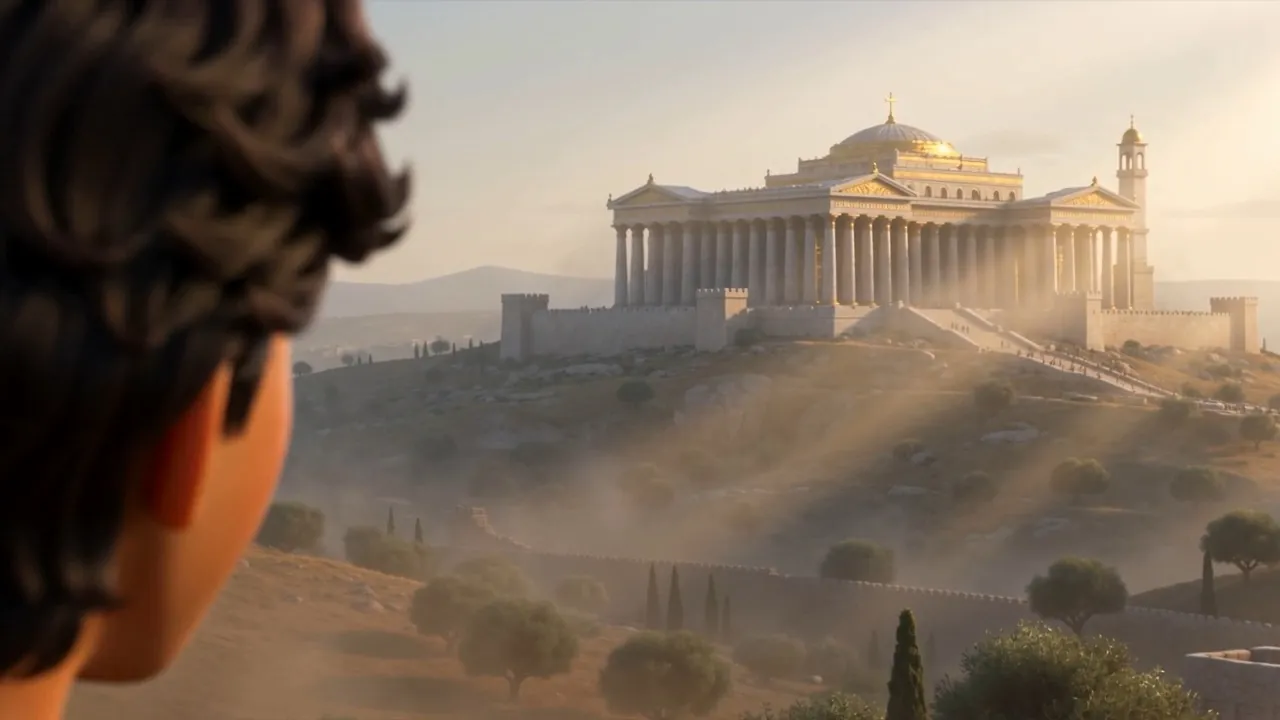 The temple, small and bright, framed past Daniel's shoulder
