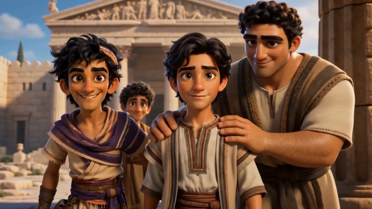 The four friends together, the temple behind them