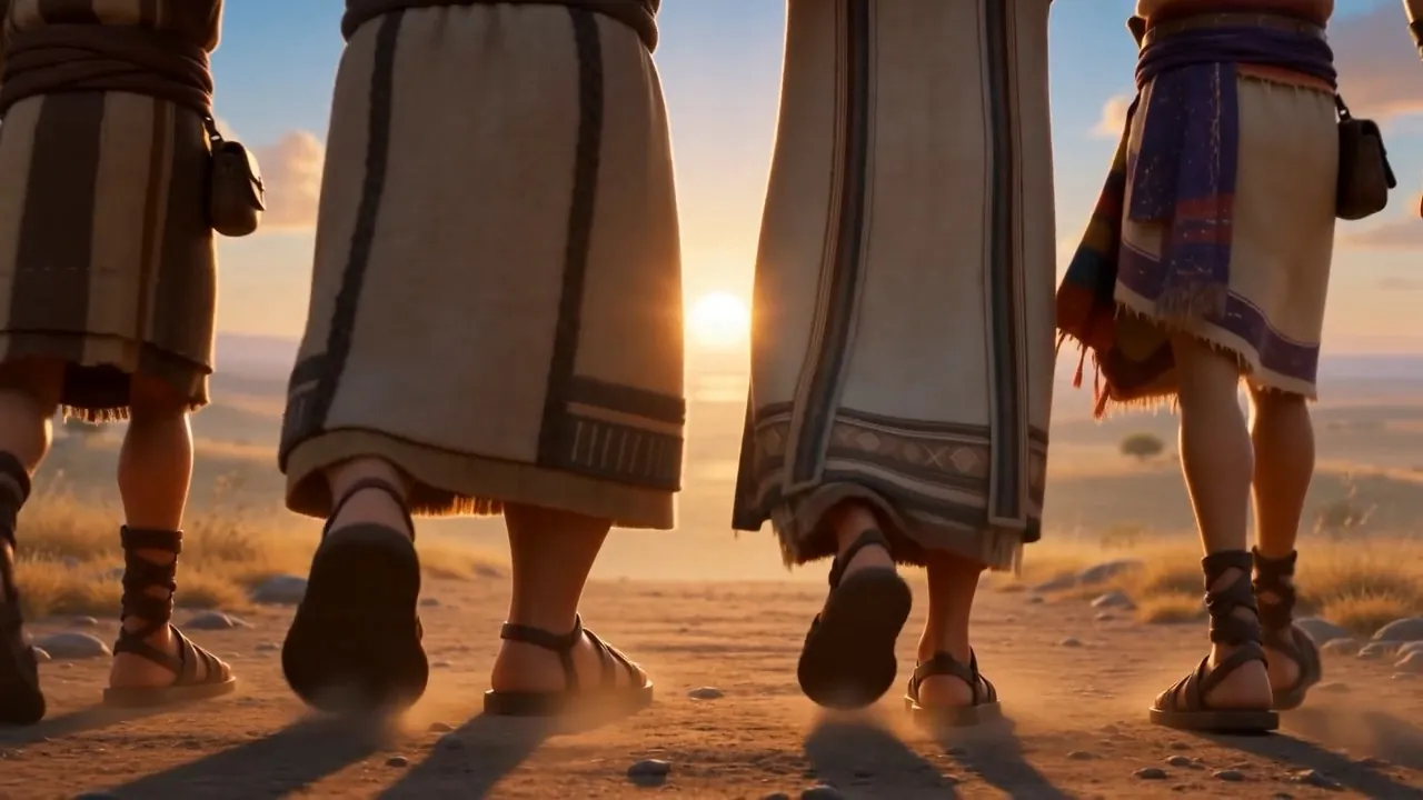 Arm in arm, the four walk away into the low sun