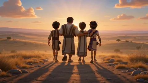 Four boys walk the sunset road toward Babylon