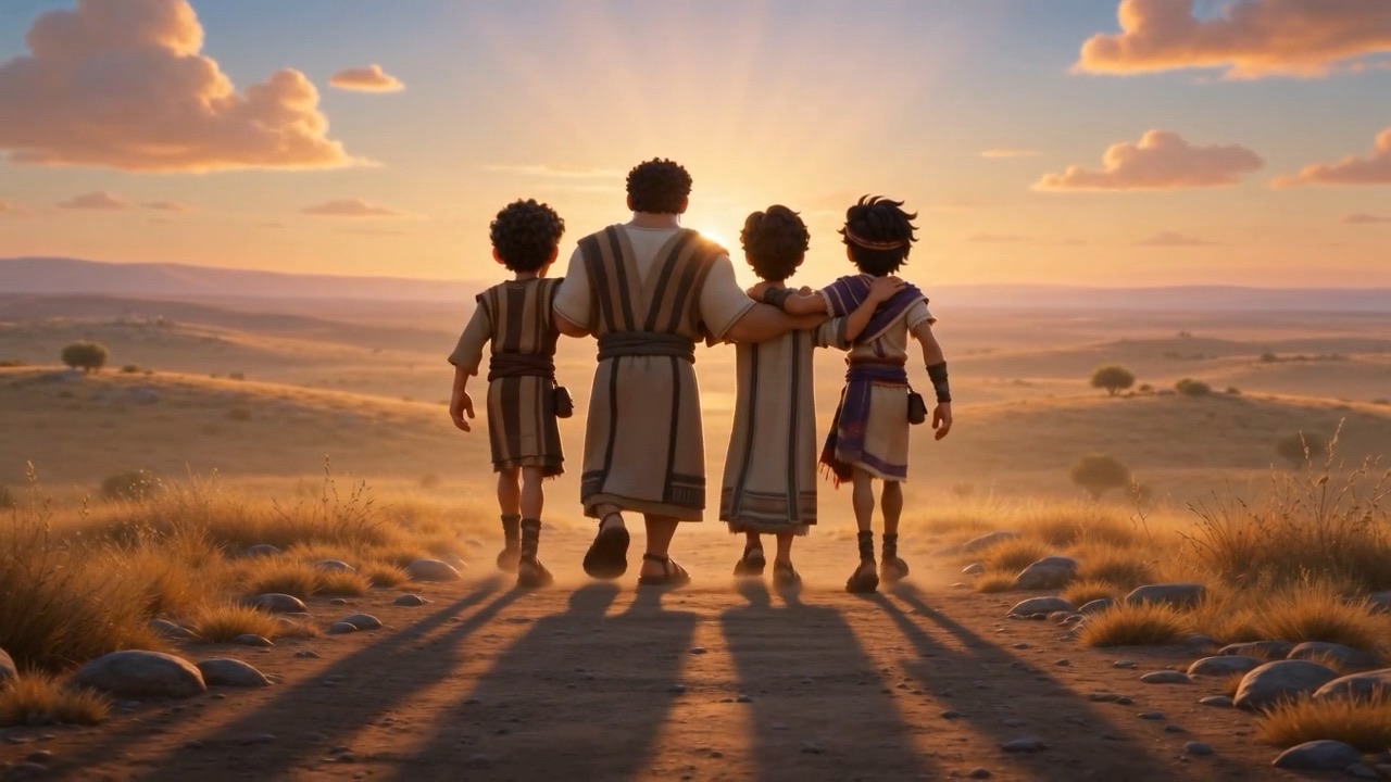 Four boys walk the sunset road toward Babylon