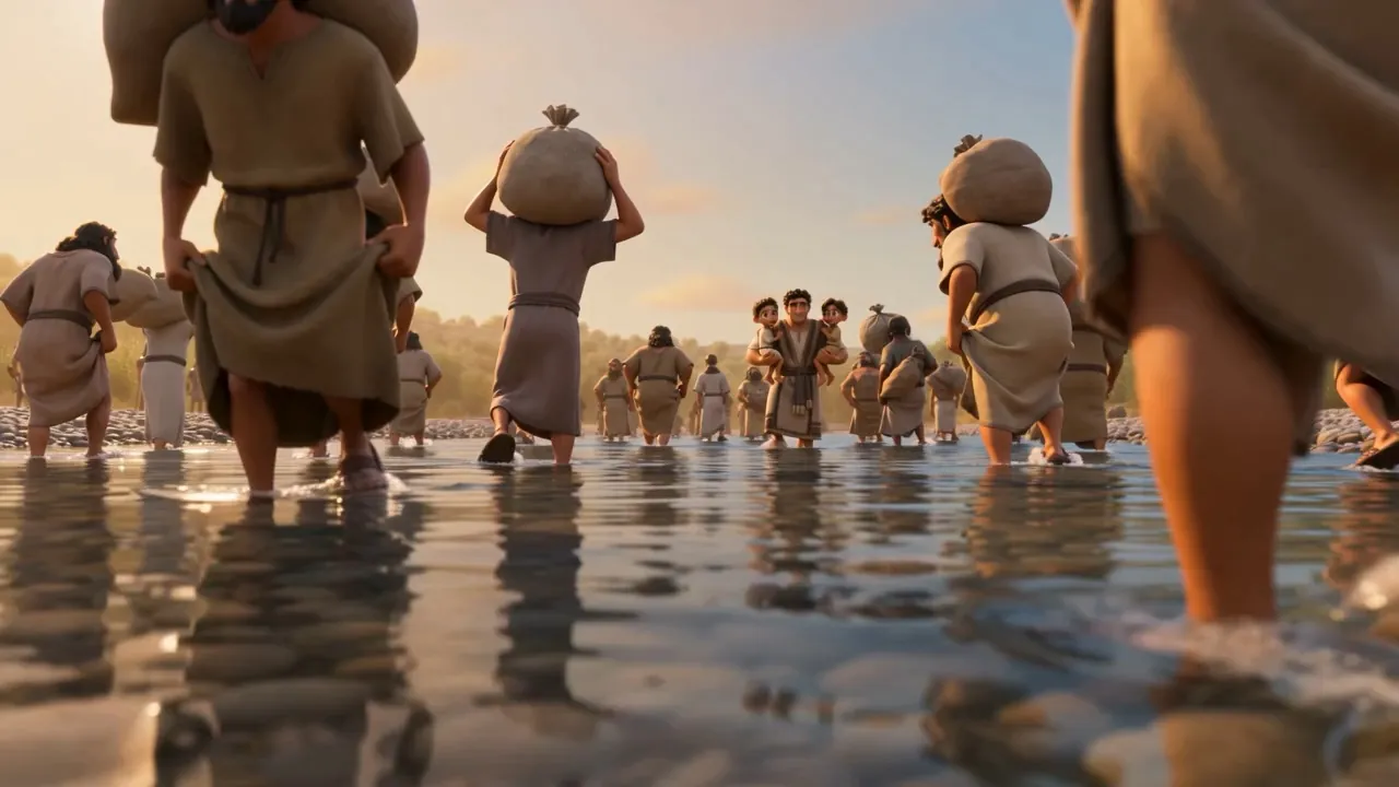 The line of exiles wades a wide, shallow river