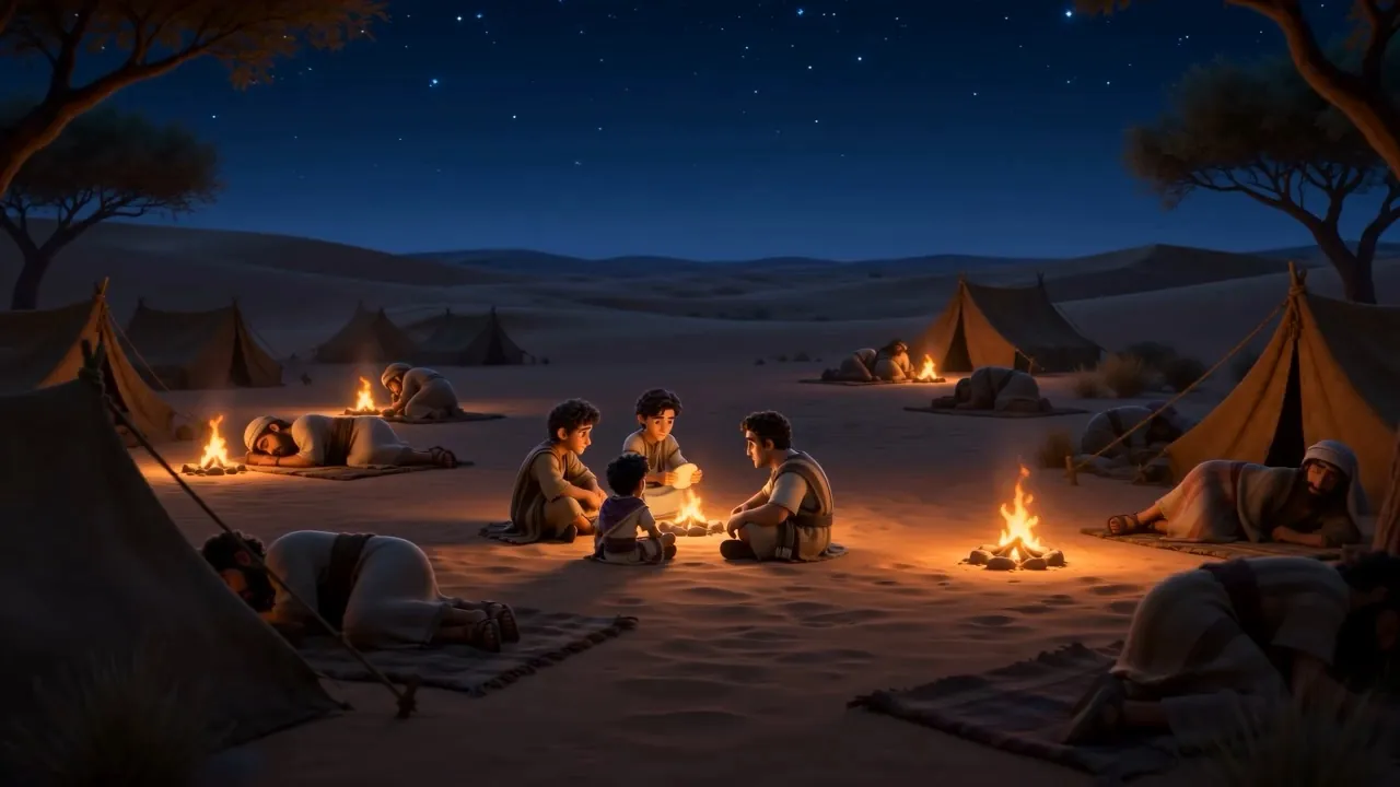 A small campfire glows in the dark desert camp