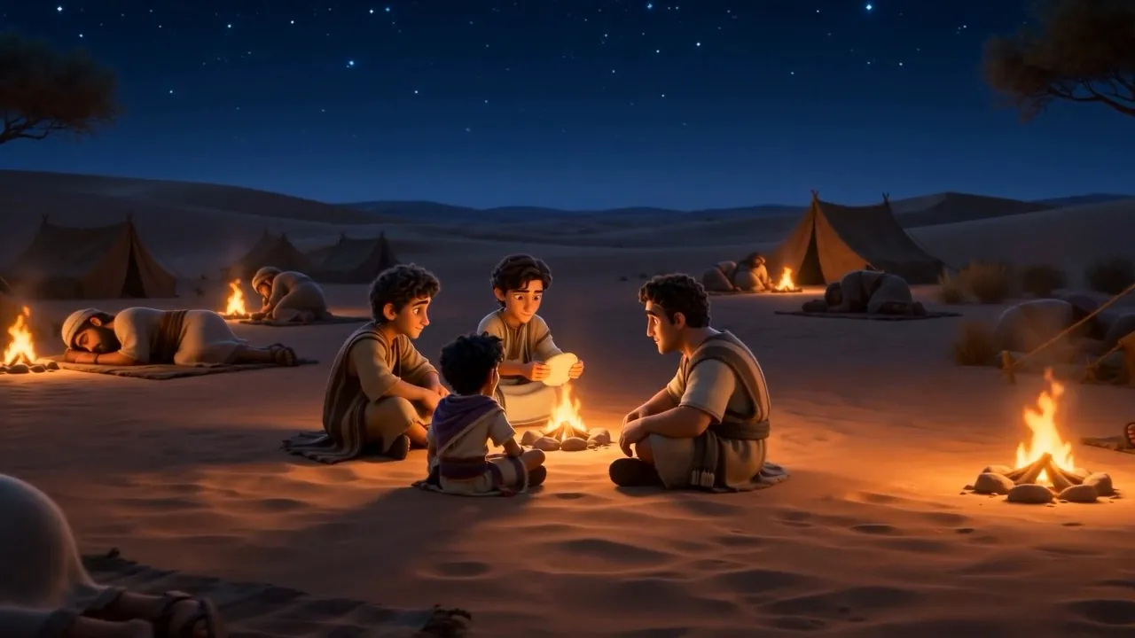 The four sit close around the little fire