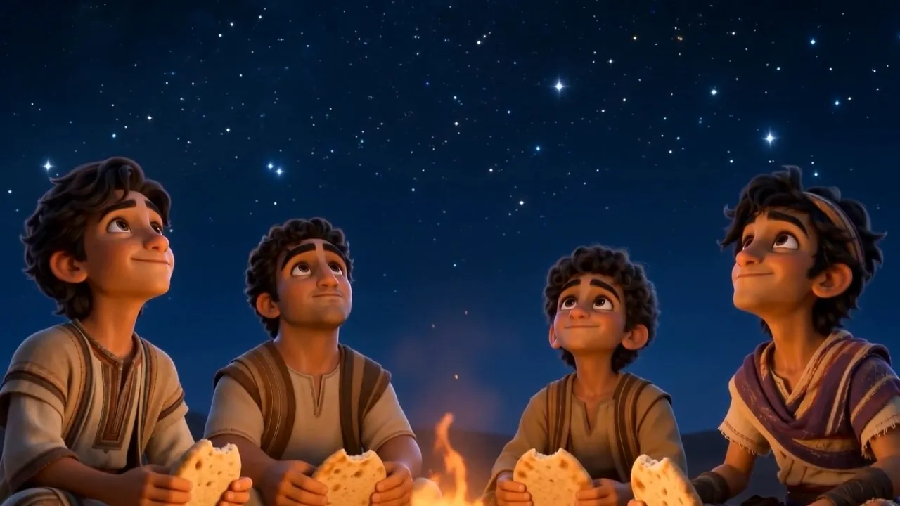They chew slowly and look up from the fire