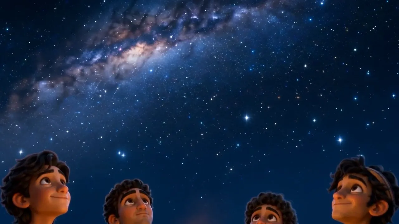 The Milky Way arches over the four small figures