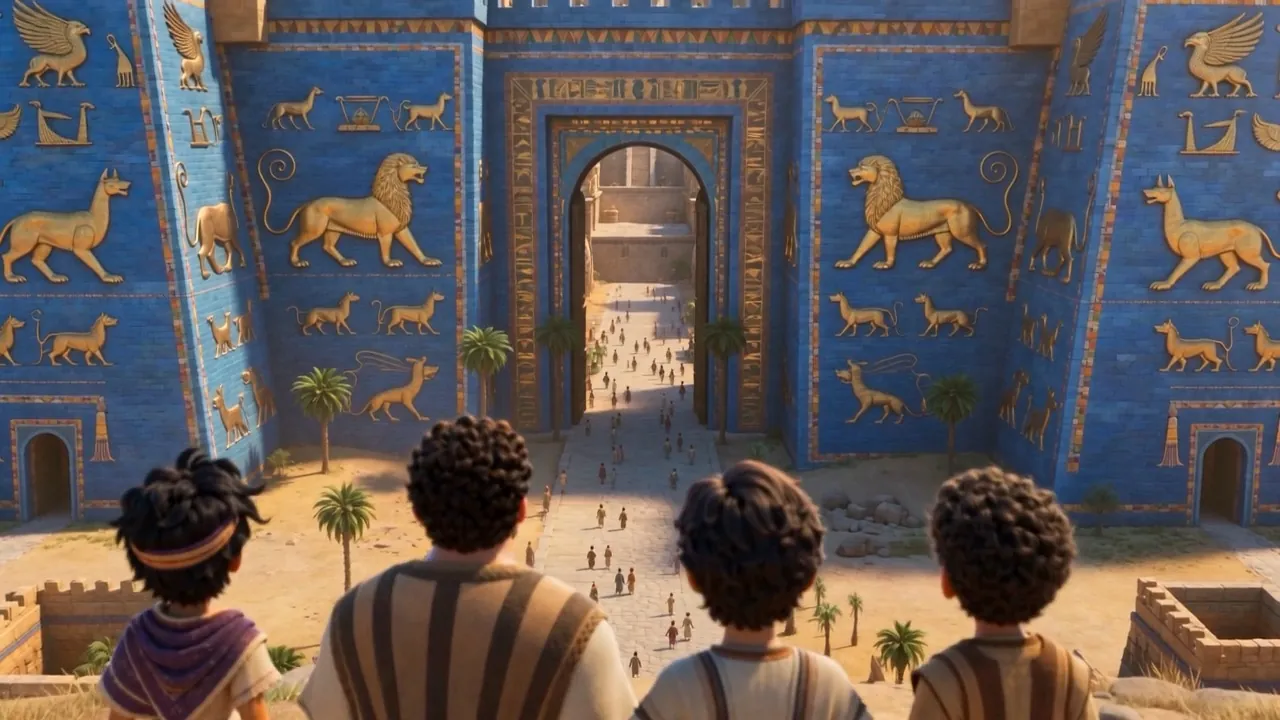 Babylon — blue walls and golden lions to the edge of sight