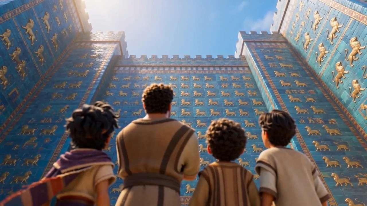 From behind the boys, the blue wall fills the whole sky