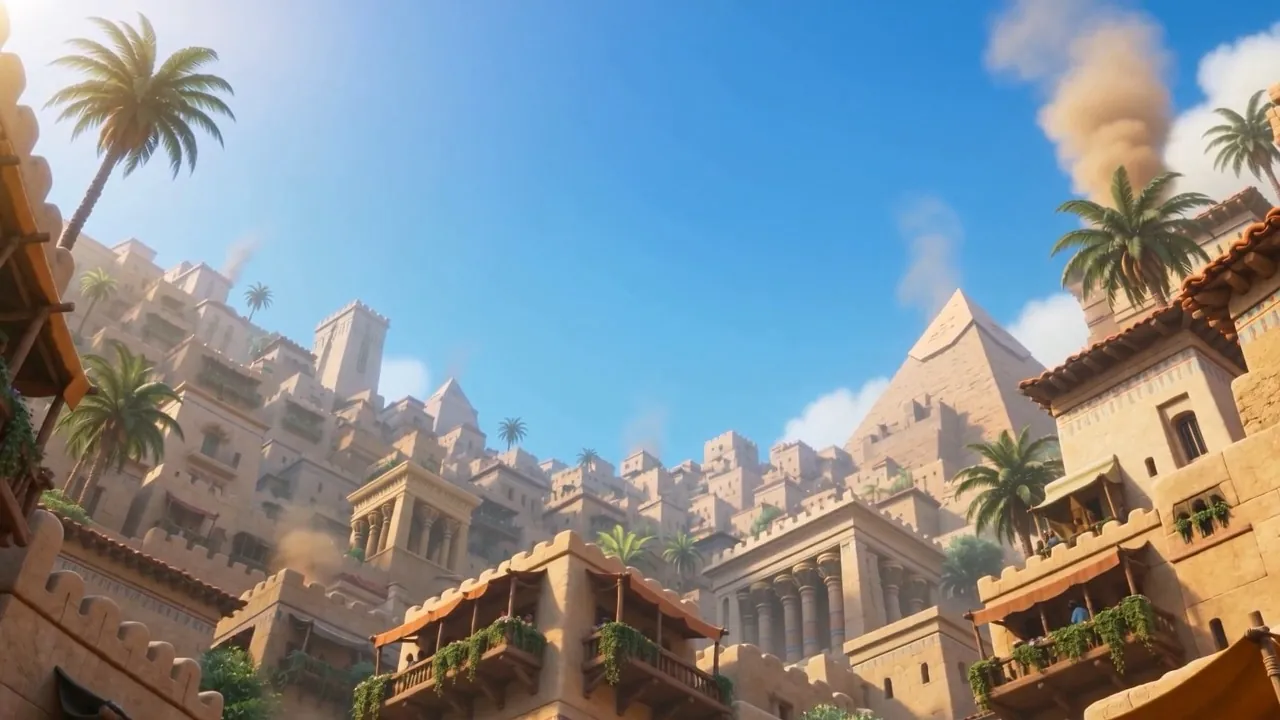Sunlight pours down the garden-hung streets