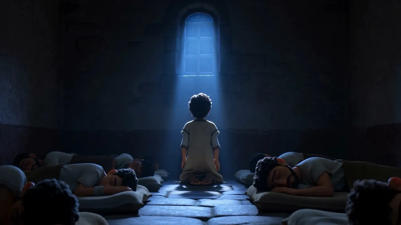 He stands on his mat among the sleepers, facing the moonlit window