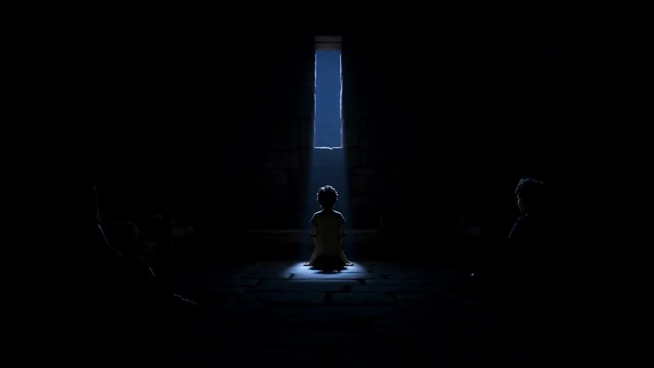 A lone silhouette kneels in the window's shaft of light