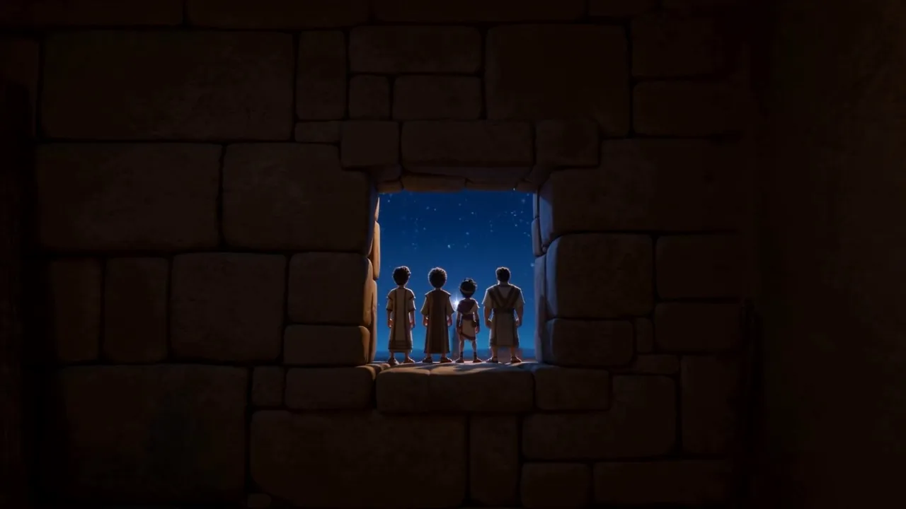 Four silhouettes stand at the little window, looking out