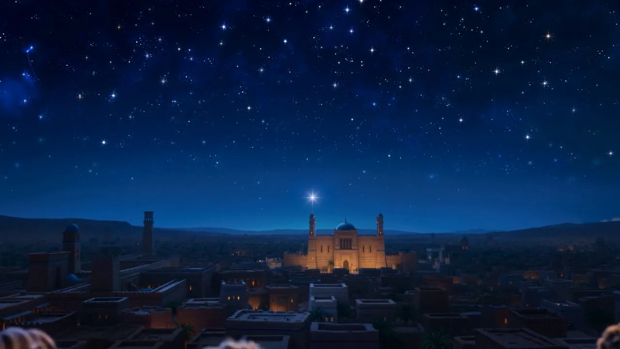 The night city under one bright star — and the crying has stopped