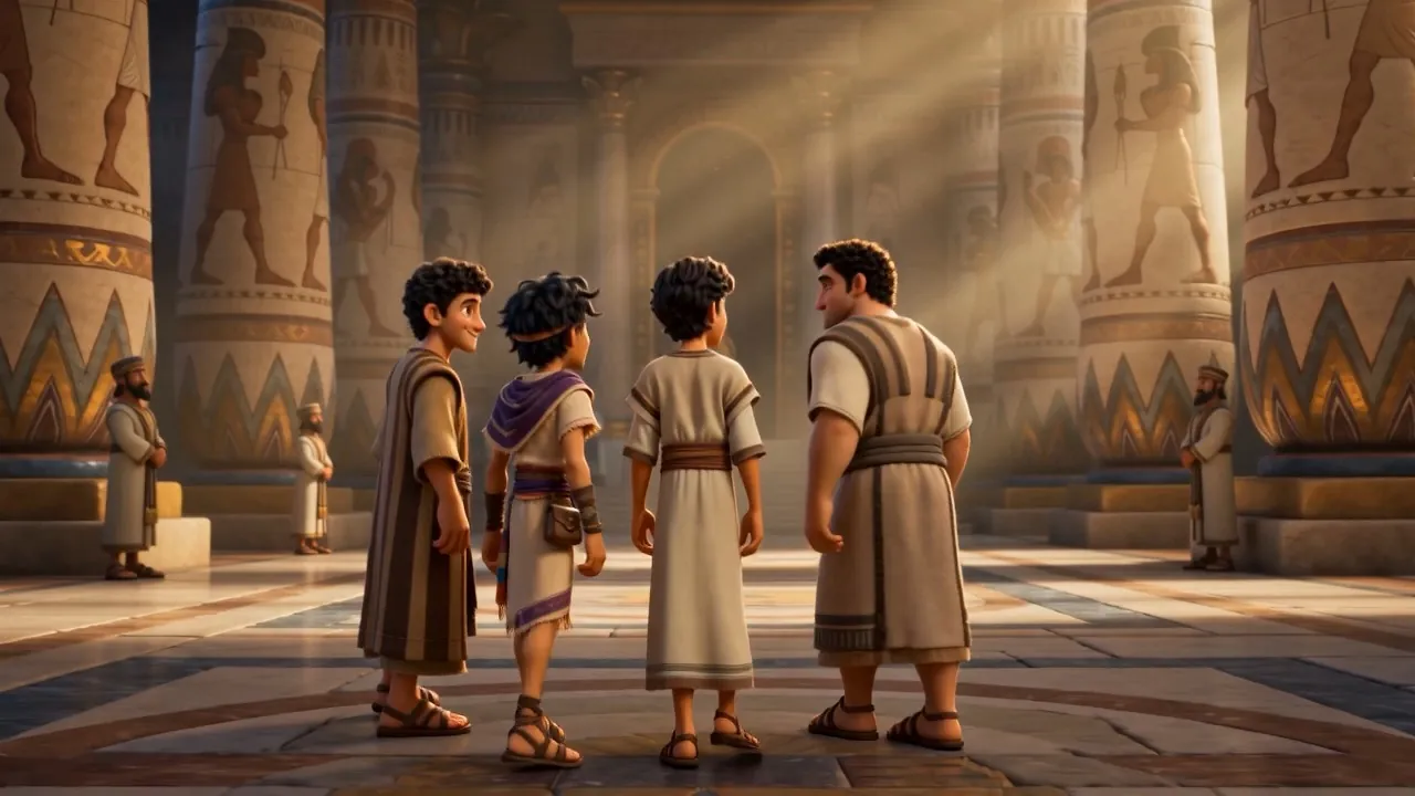 The four walk on, small among the giant painted columns