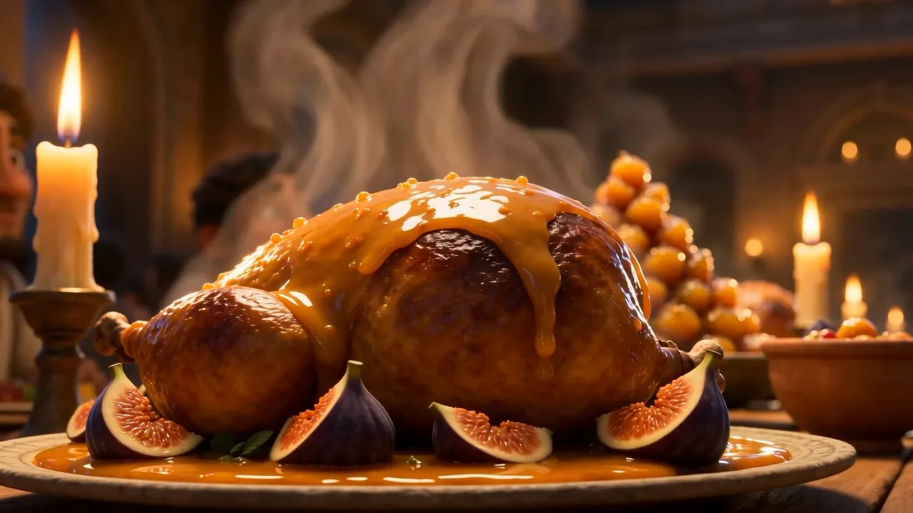 A steaming roast glazed with honey, figs piled beside it