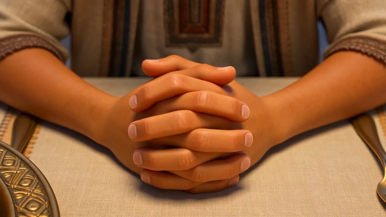 His hands, folded quietly on the table edge