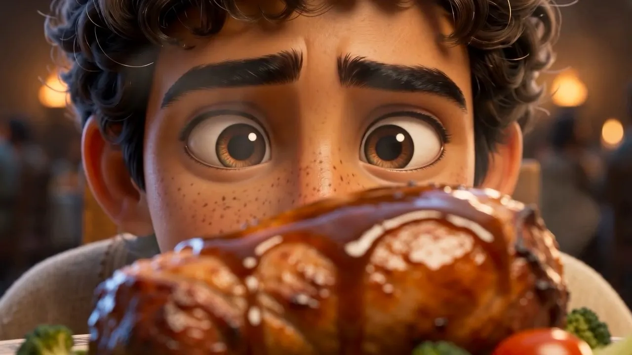 Daniel's eyes peer over the rim of the glistening roast