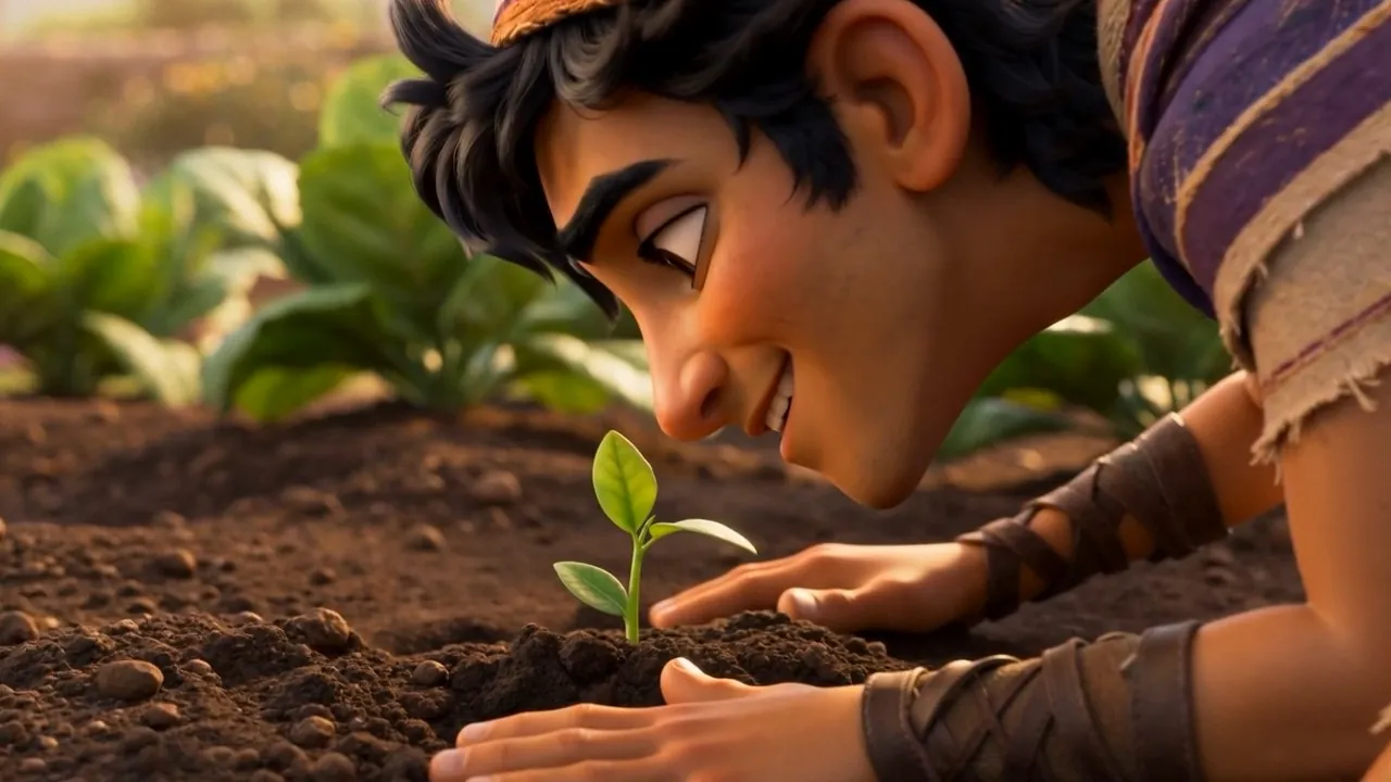 Azariah, nose to the dirt, encourages a tiny seedling