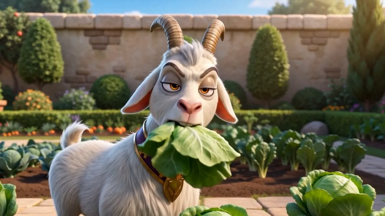 A white goat in a jeweled collar stands in the patch, leaf in mouth