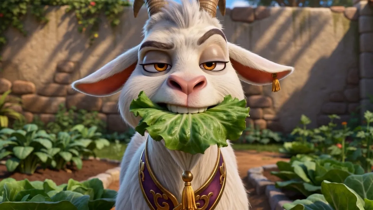 The goat grins around a mouthful of cabbage leaf