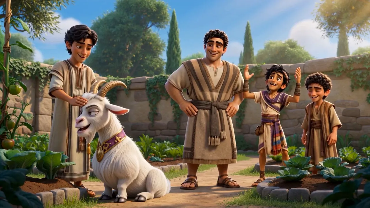 The four and the goat, one odd little garden family