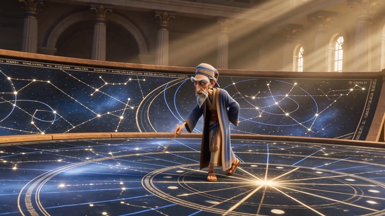 He paces a glowing floor-map of the constellations