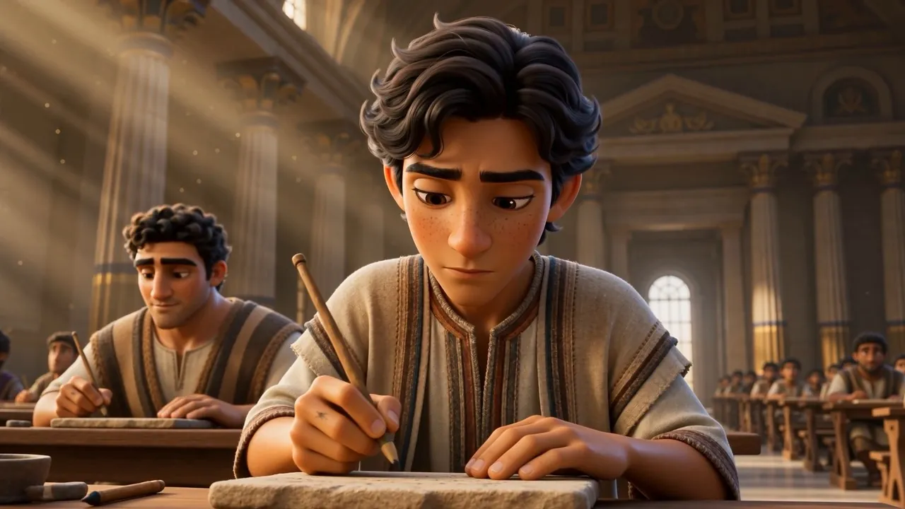 Daniel bends over his tablet, writing fast