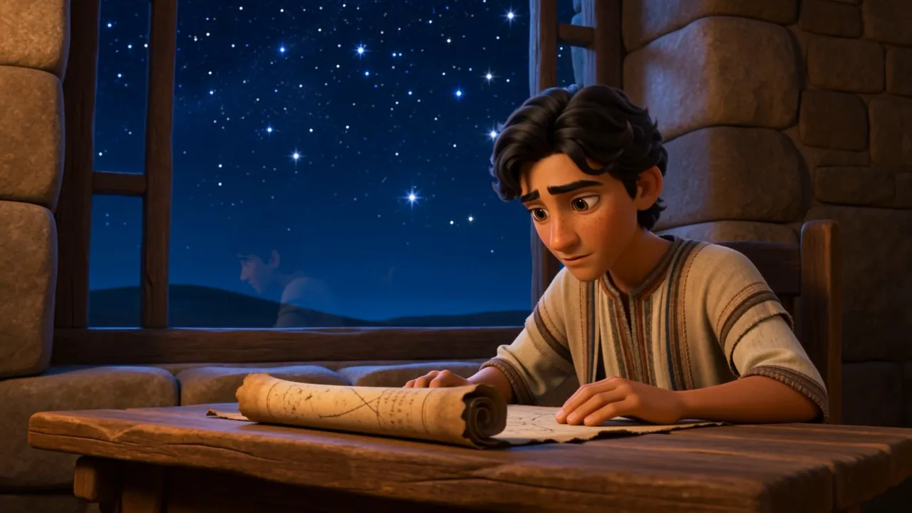 Night: Daniel studies a scroll by the starry window