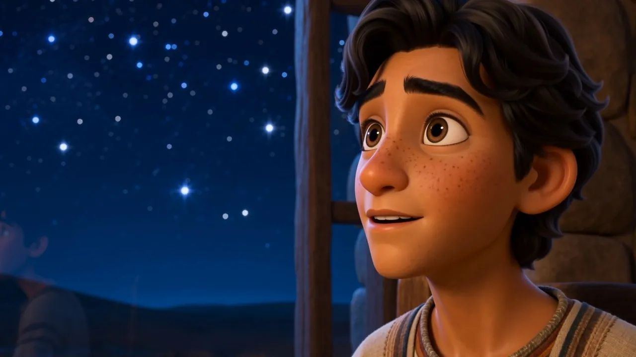 He looks up from the scroll to the stars themselves