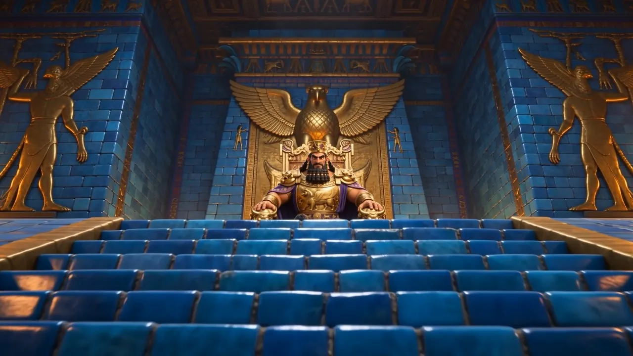 At the top: a winged golden throne, and the king upon it