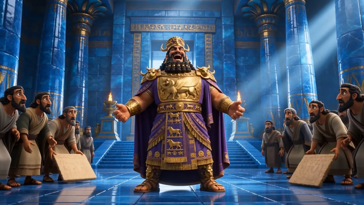 The king spreads his arms wide at the answers