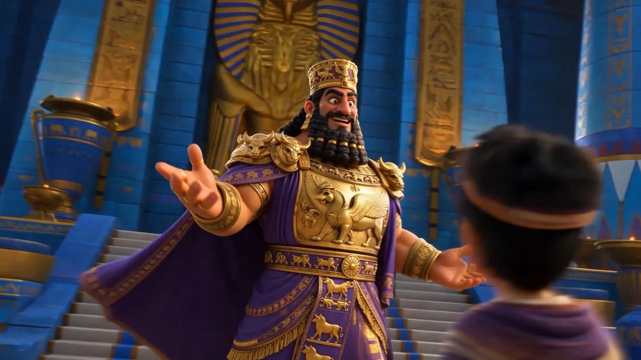 The king presents the four to the court, arms wide