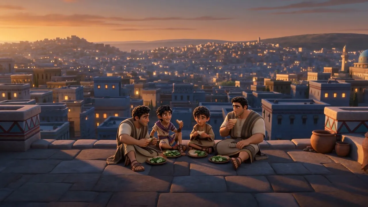 The four friends share supper on a rooftop