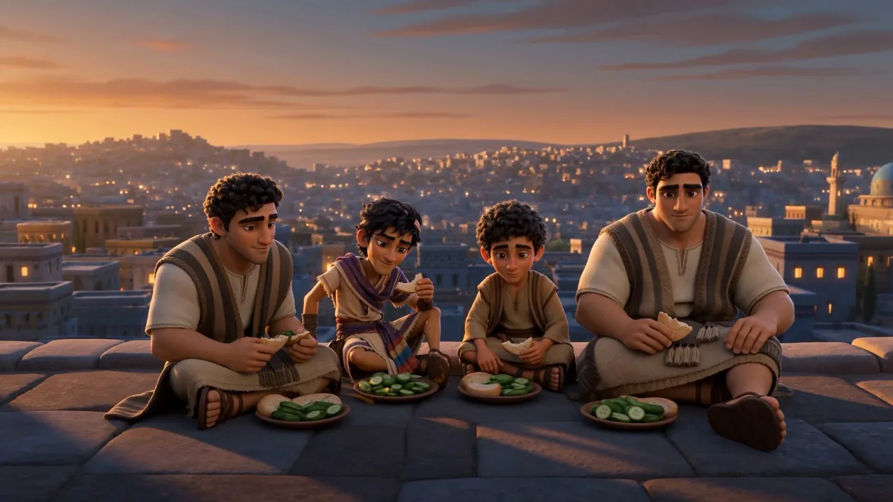 The four eat their greens above the glowing city