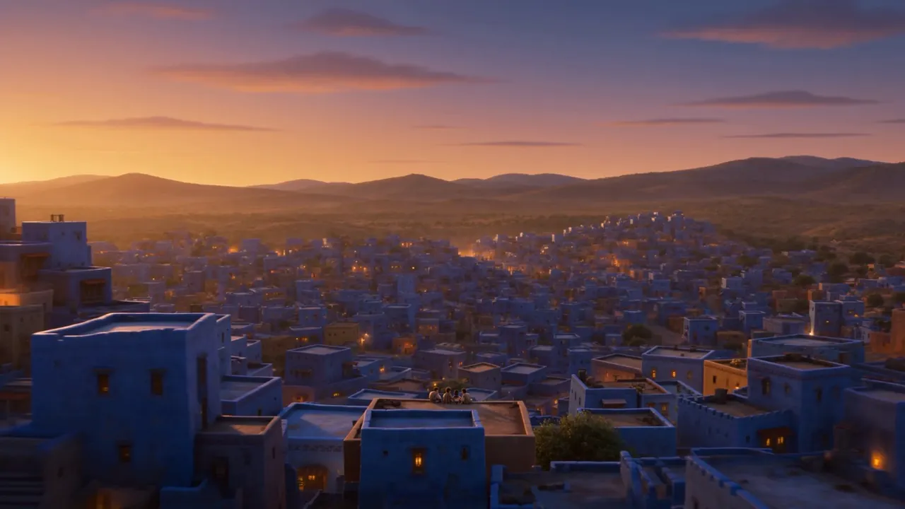 Babylon's rooftops glow purple in the dusk