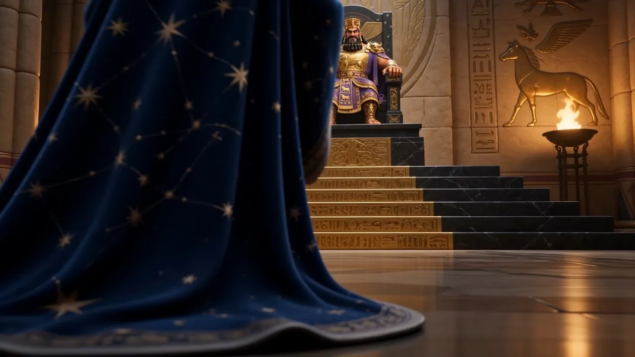 A star-spangled cloak sweeps toward the throne steps