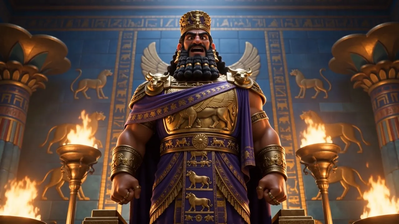 Nebuchadnezzar stands, fists clenched, roaring the decree