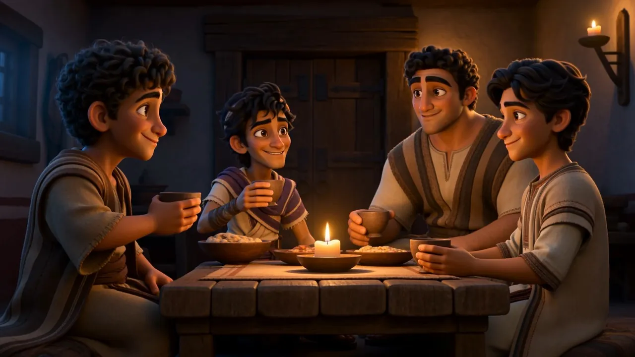 The four at a small supper table, one candle burning