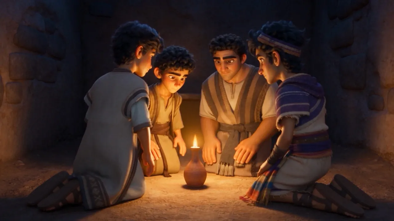 The four kneel in a circle around one oil lamp