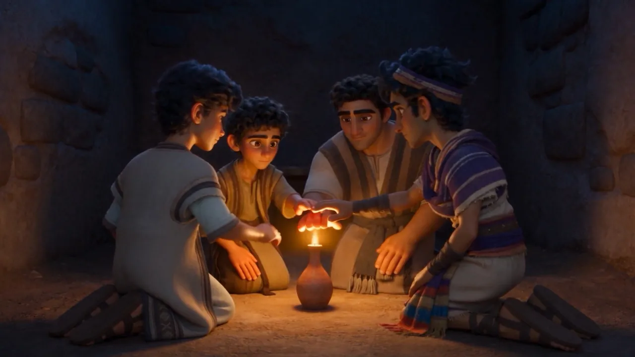 Heads bowed close over the small flame