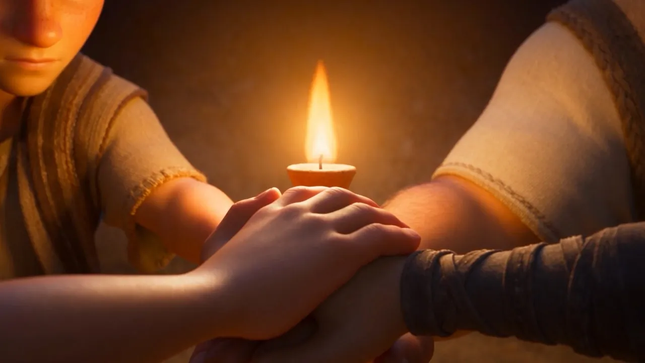Hands pressed over hands in the lamplight