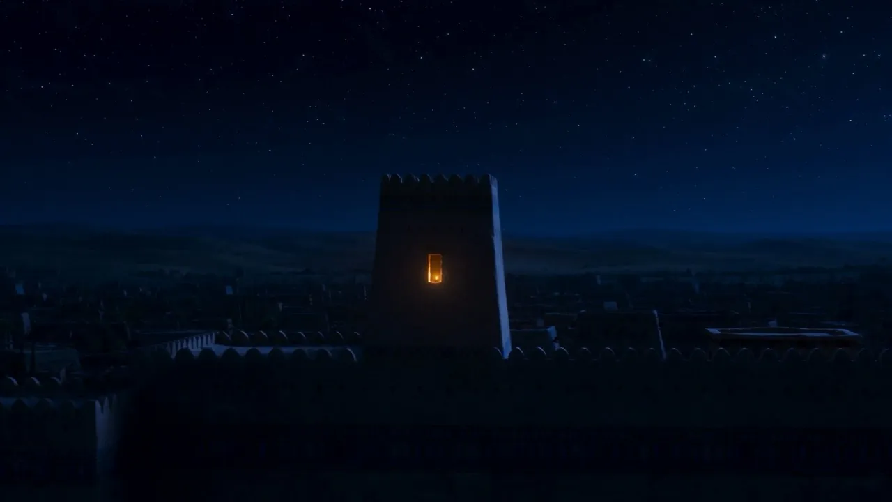 Across the dark city, one tower window burns with light
